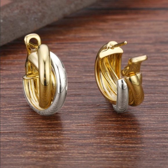 18K Gold & Silver Womens Two Tone Small Braided Twisted Hoop Earrings Jewelry - Picture 4 of 5